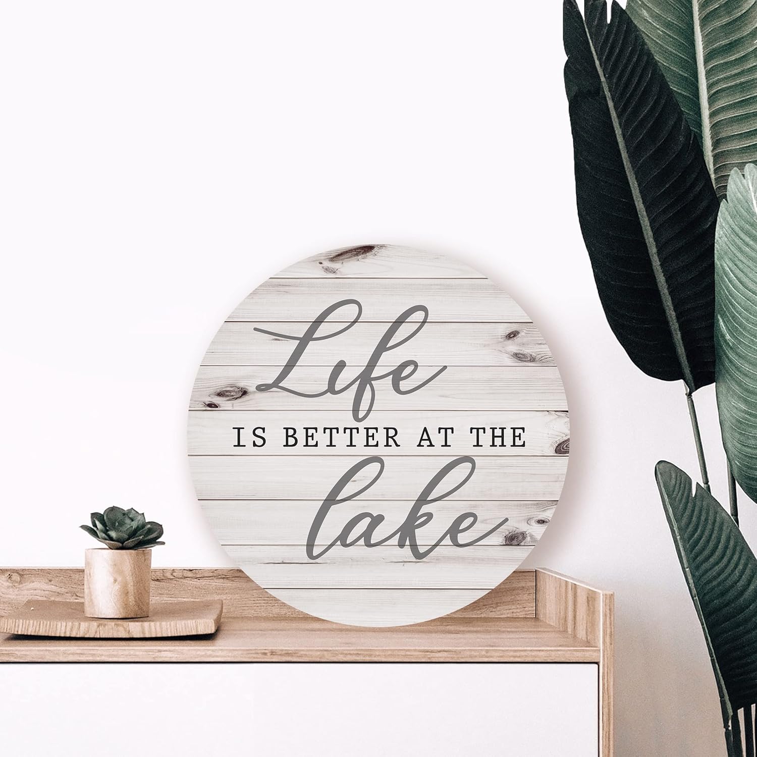 Kendrick Home Lake House Decor - Life Is Better At The Lake Whitewash Circle Lake House Wall Decor, Lake Signs and Accessories for Home, Round Lakehouse Decorations as Gifts, 16" x 16"