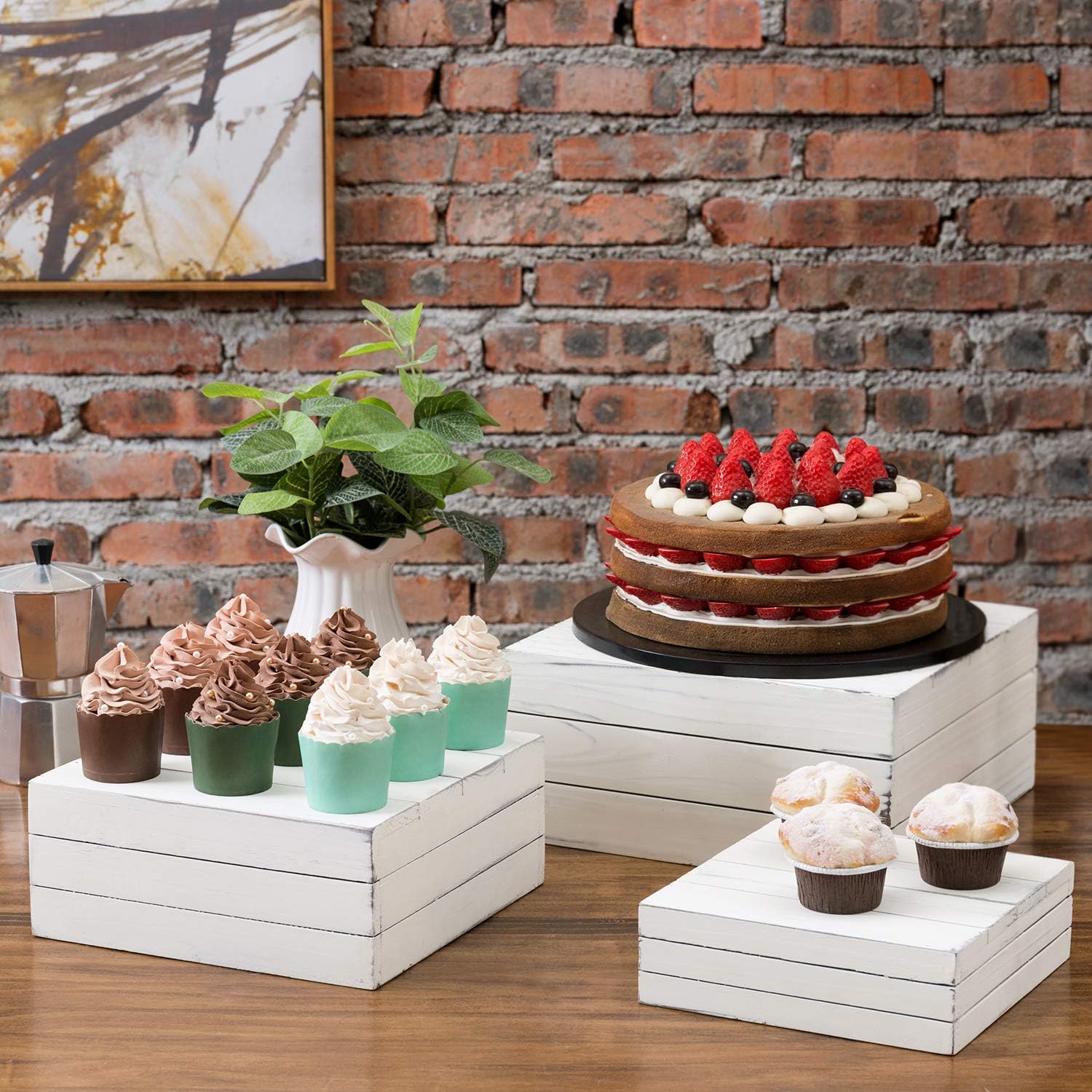 MyGift 3 Piece Vintage White Solid Dessert Cake and Cupcake Stand, Decorative Box Display Risers