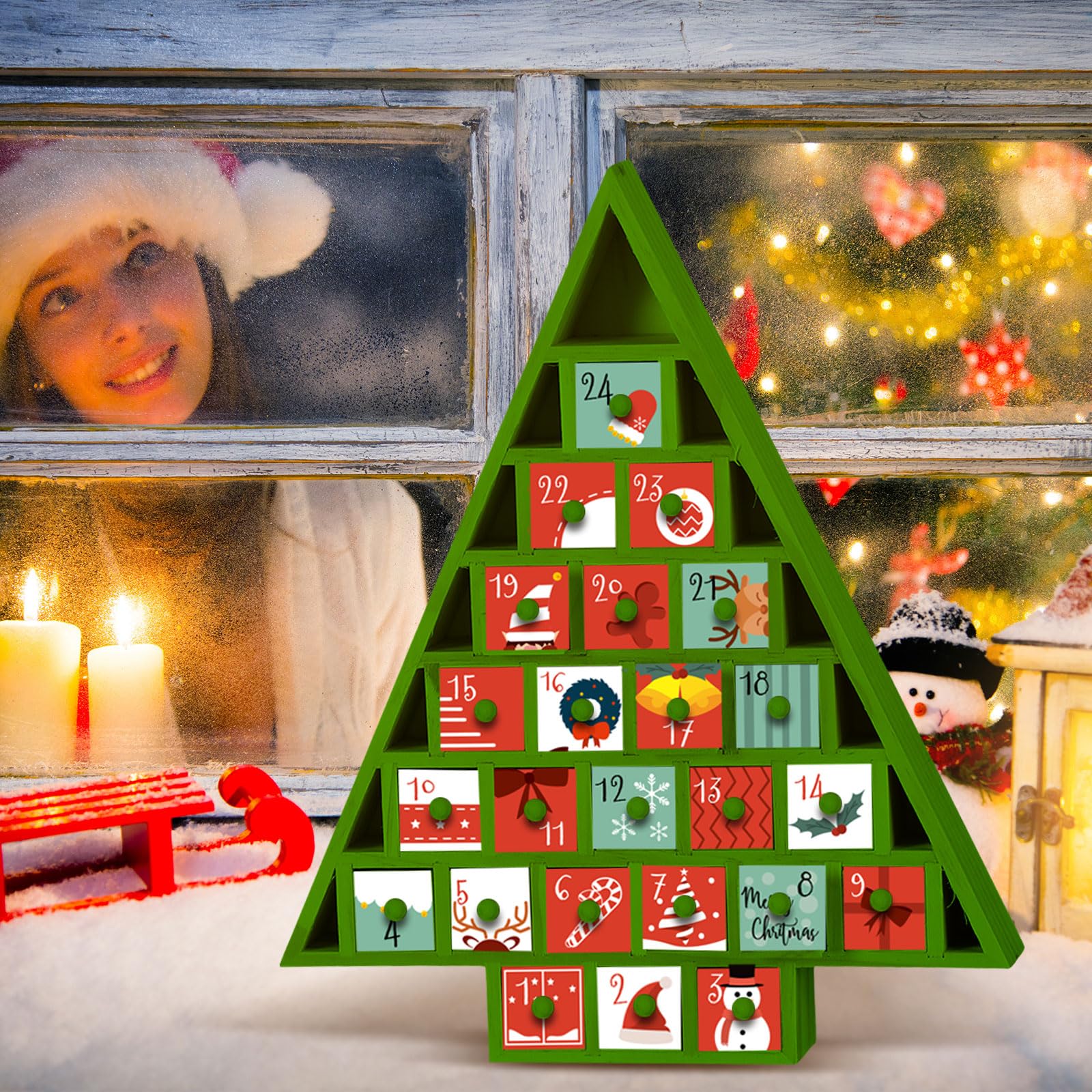 Geetery 2 Sets Weihnachtsbaum Holz Adventskalender Countdown bis Weihnachten DIY Dekoration mit 24 abnehmbaren Schubladen für Kinder zum individuellen Gestalten des eigenen Baumes, 36 cm hoch,