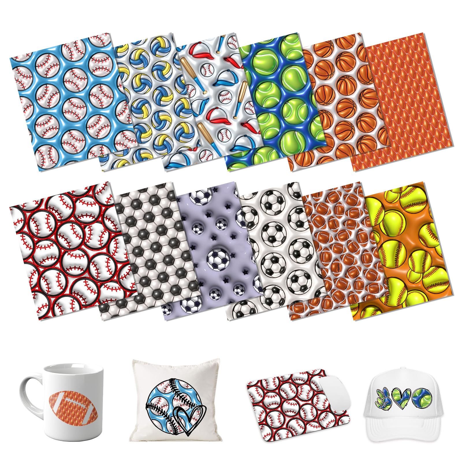 HTVSTD 3D Inflated Sports Ball Infusible Transfer Ink Sheets-12 Sheets 12"x10" Ball Games Patterned Infusible Transfer Paper for Mugs DIY Sublimation Paper Compatible with Cricut/Silhouette Cameo