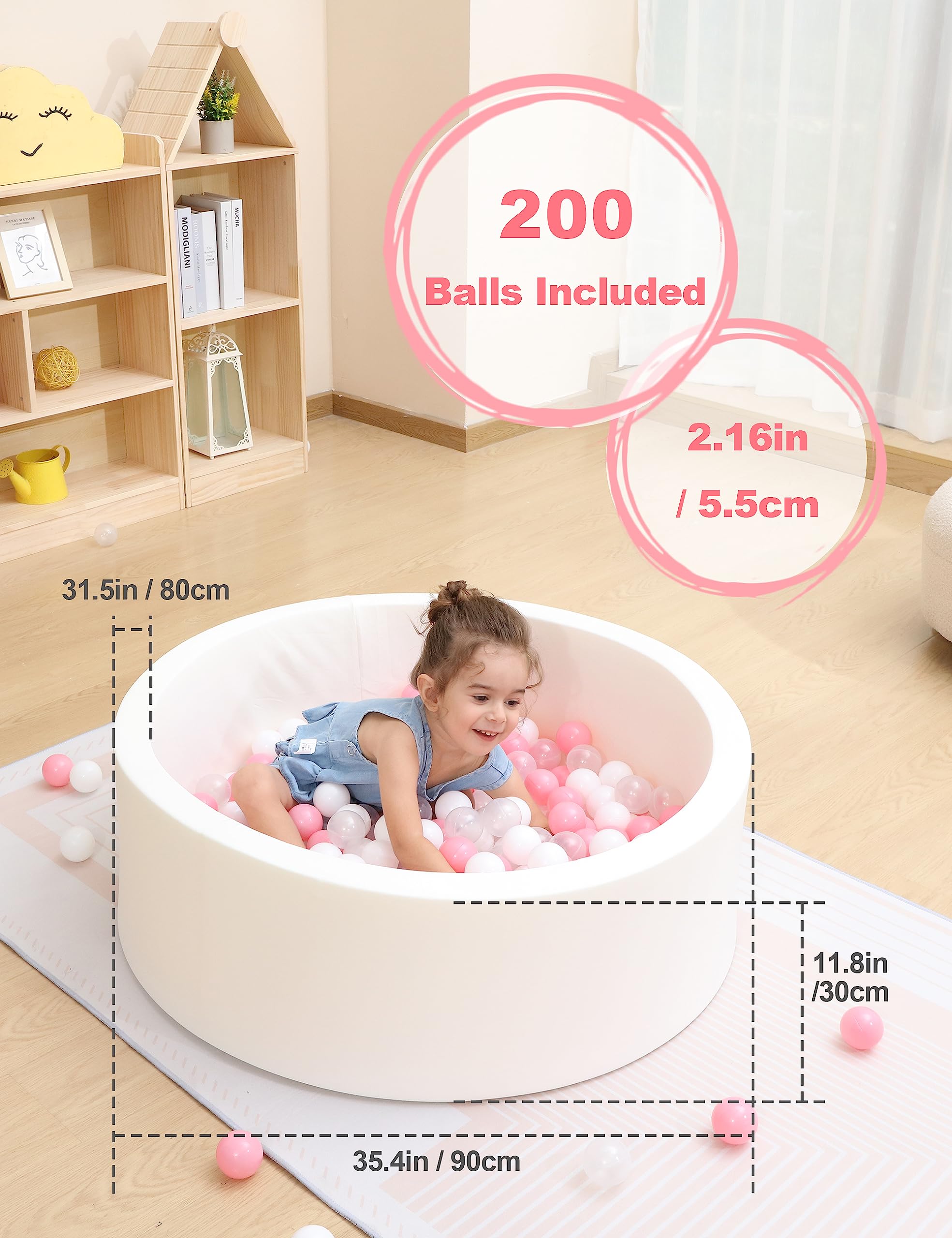 ZLEVEAYN White Foam Ball Pit with 200 BPA Free Colored Plastic Balls Soft Round Ball Pits for Toddlers Babies Children (2.16in, Pink Balls)