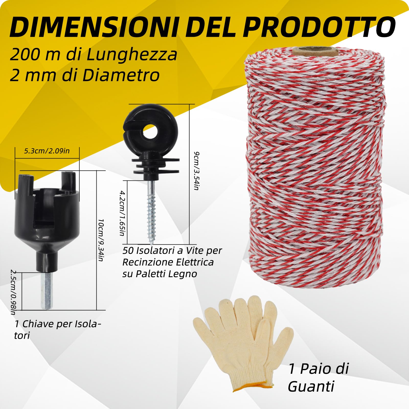 Kit conduttivo di rete per recinzione, versione migliorata, filo di acciaio a 6 fili, filo di recinzione elettrica, con 50 isolatori e strumento di installazione con 1 chiave isolante, adatto