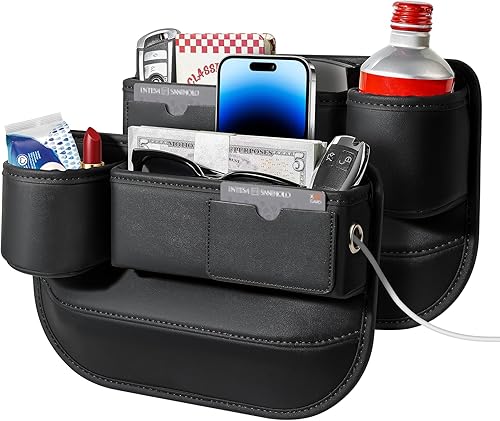 Paquete de 2 organizadores para asiento de automóvil con soporte para tazas, ajuste universal, de cuero suave, almacenamiento de cajas de automóvil,