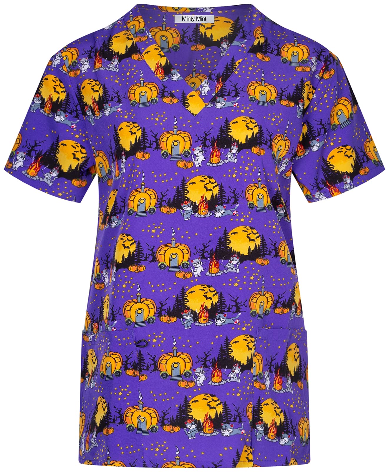 Minty Mint Women's Stretch Halloween lPrinted V-Neck Medical Scrub Top Purple M