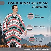 Vista 120 de Artisans Bazaar Poncho tradicional mexicano de Baja para hombres y mujeres, auténtico sarape de Gaban, manta de vaquero Pancho Jorongo rojo - rosa