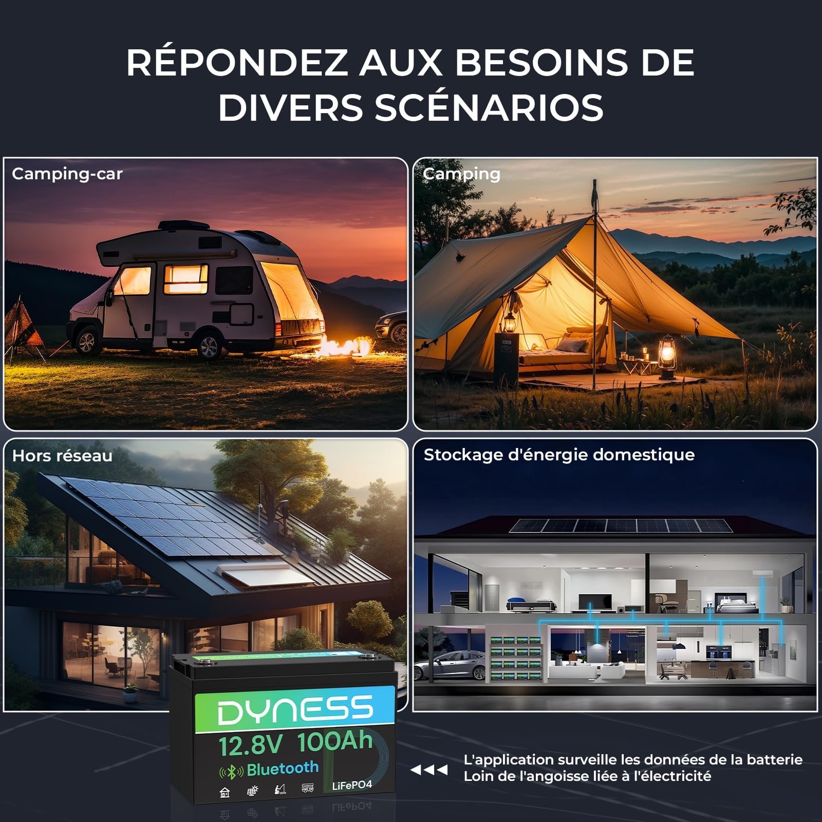 Dyness Batterie Lithium 12V 100Ah Bluetooth - Batterie LiFePO4 avec BMS 100A pour Camping-Car, Van, Bateau et Système Solaire - Accumulateur Deep Cycle