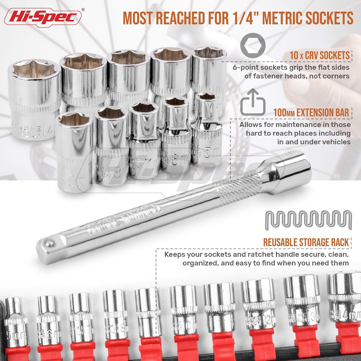 Hi-Spec 12 Piece 1/4" Drive Metric Socket Set with Ratchet Wrench Handle. 5mm - 14mm Sockets & 100mm Extension Bar on Easy to Pick Storage Rail Rack