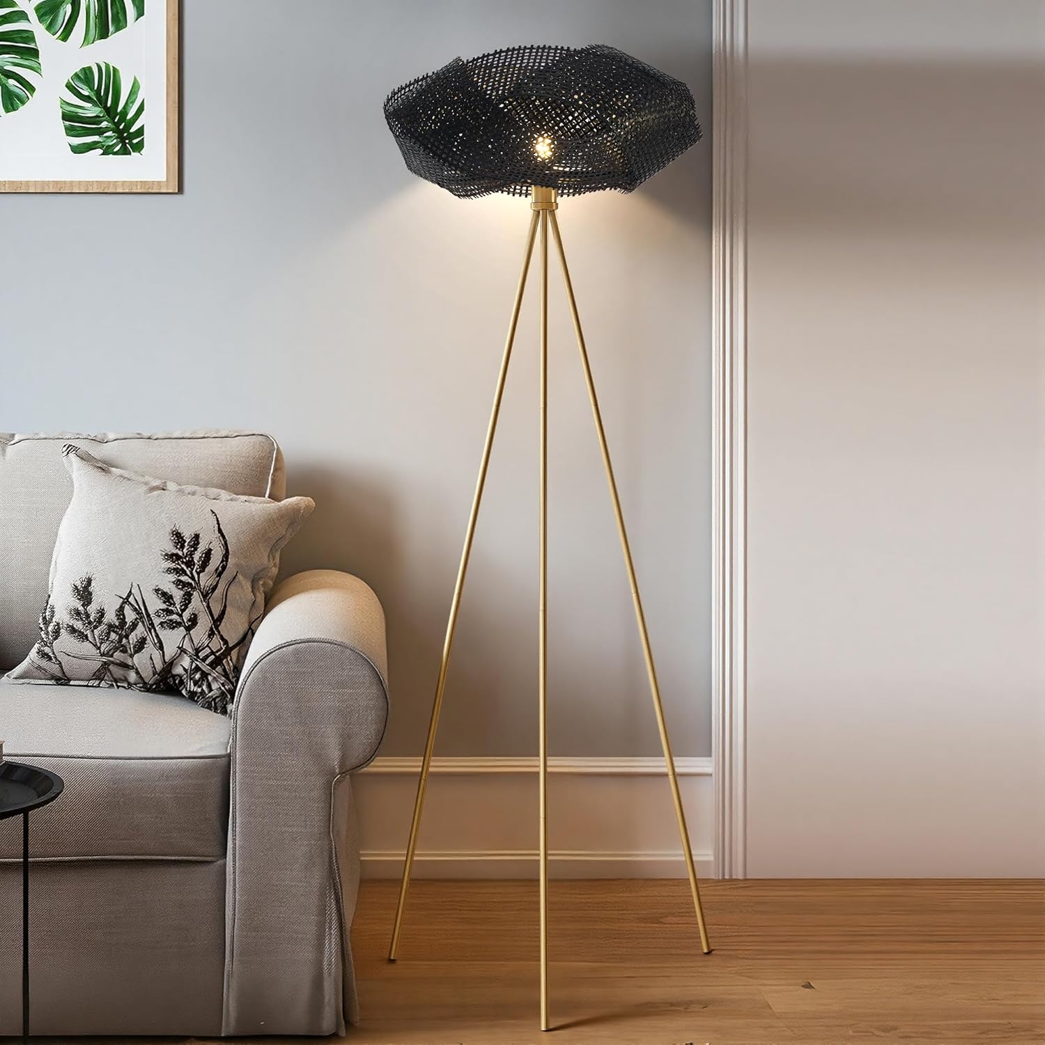 Bamboo Tripod Floor Lamp, Handwoven Lotus Shade Standing Lamp, Boho Natural Woven Light with Black Metal Stand for Living Room Bedroom
