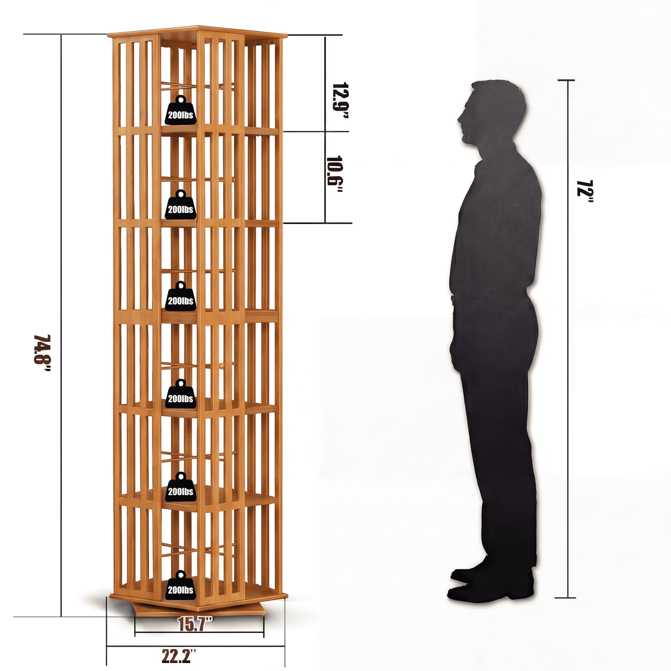 Roterende bamboe boekenkast | 6-laags draaiende boekenkast | 360 Spinning ruimtebesparend boekenrek toren | 190 cm H draaibare boekenrekken voor etalage | hoekvriendelijk kantoor kleine ruimte