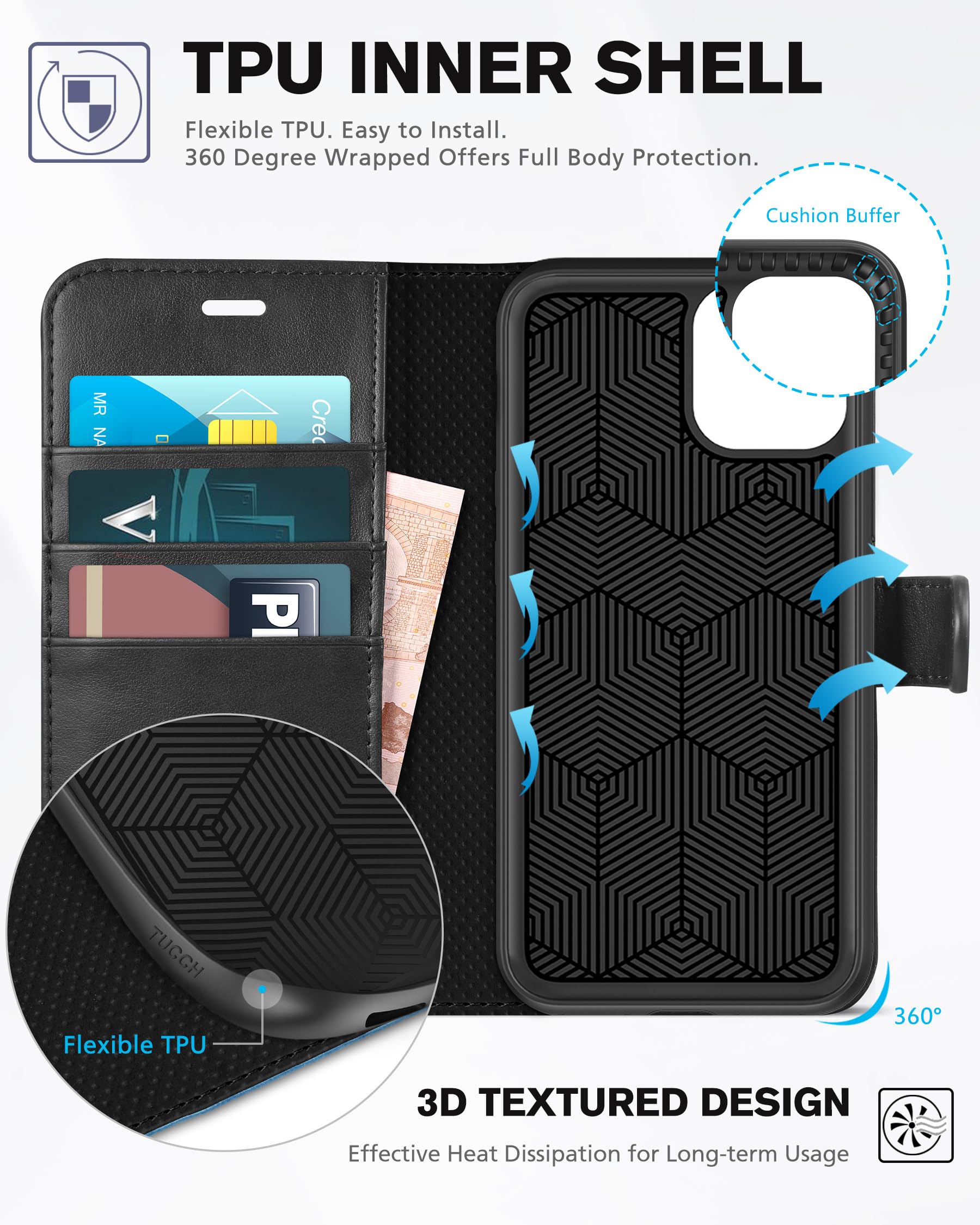 TUCCH Cover per iPhone 11, Custodia Folio [RFID Blocking] Portafoglio Pelle Sintetica TPU Antiurto, Supporto Slot per Schede Protezione Ottimale per iPhone 11 (6,1 pollici, 2019), Nero Azzurro