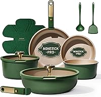 CAROTE Green & Gold 15-Pc Nonstick Cookware Set with Detachable Handles - Induction Ready, Dishwasher Safe Pots & Pans