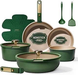CAROTE Green & Gold 15-Pc Nonstick Cookware Set with Detachable Handles - Induction Ready, Dishwasher Safe Pots & Pans