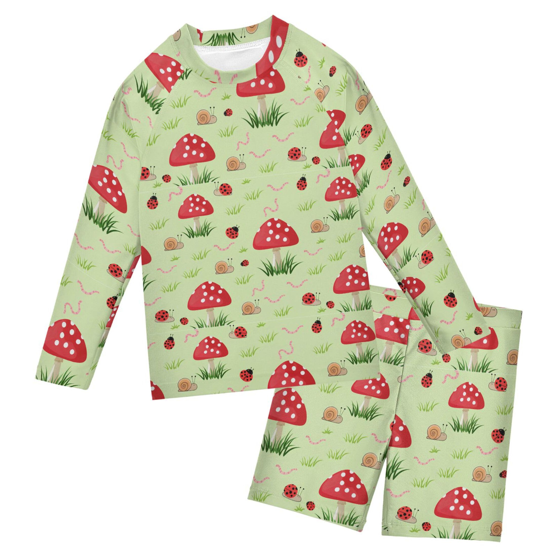 Red Mushroom Snails Ladybug Toddler Boys' 2-Piece Swimsuit Trunk, Long Sleeve Rashguard Bathing Suit B0405155