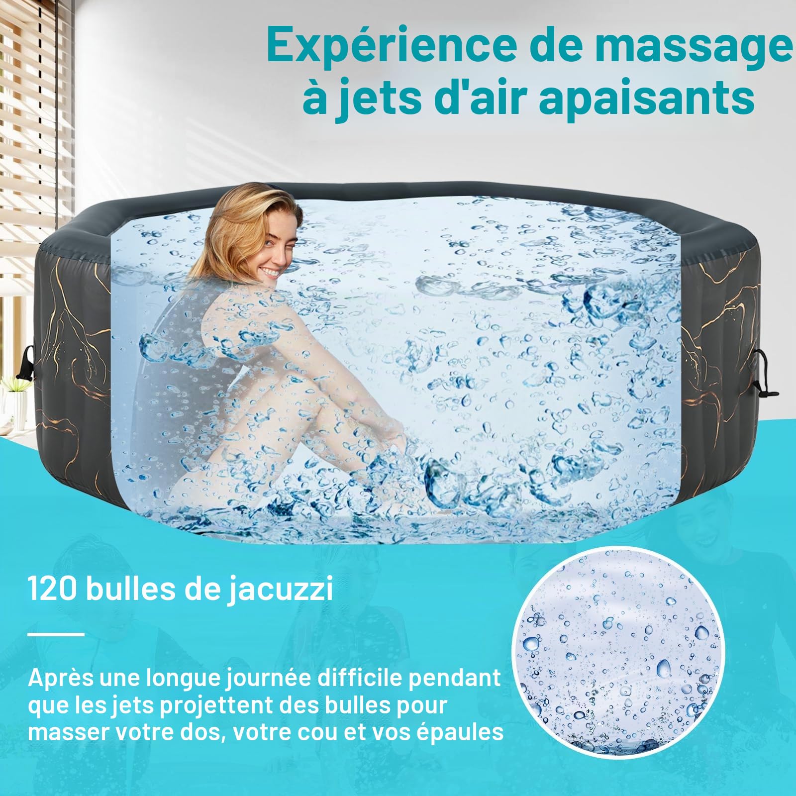 #WEJOY Jacuzzi portable 155 x 155 x 63 cm Air Jet Spa 2-3 personnes gonflable octogone extérieur chauffant spa avec 120 jets à bulles
