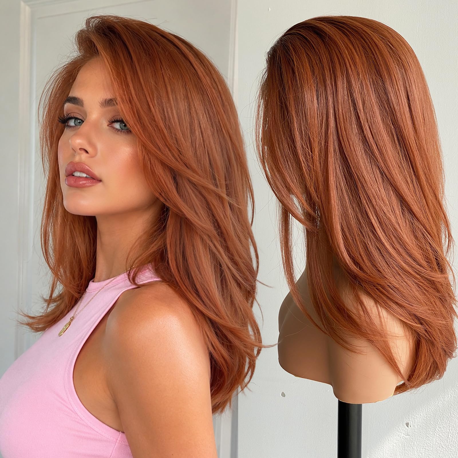 KOME Auburn Layered Straight 13X4 Synthetic Lace Front Wig for Women 20IN Auburn #TT33/130B
