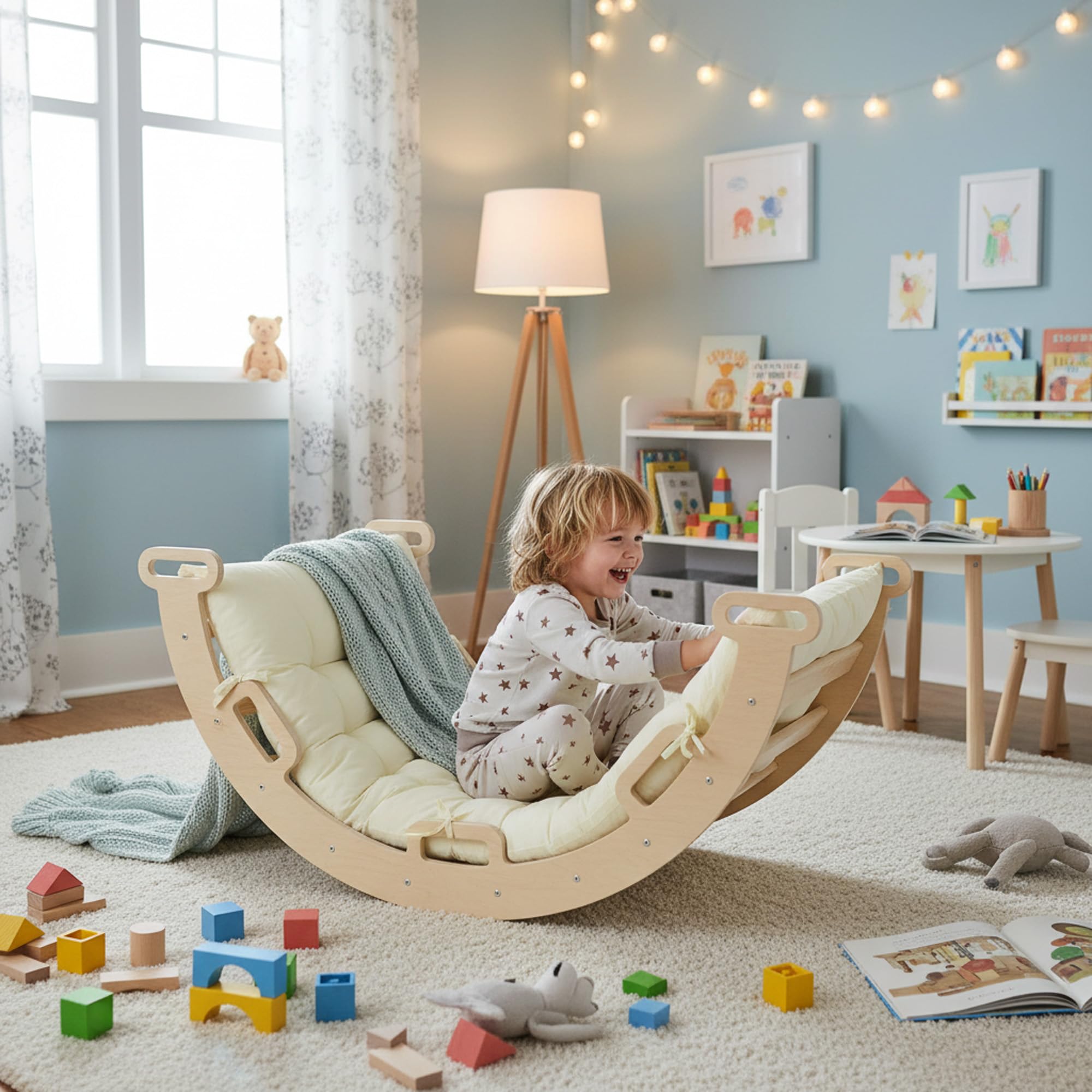 Deryan Montessori Triángulo de Escalada con tobogán y Arco de Escalada, Juguete Plegable para Interior de Madera, triángulo de Escalada con rampa, para niños a Partir de 1 año, con colchón - Madera