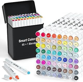 Art Markers, 65 Coloring Markers and 1 Blender, 66 Pack Alcohol Based Dual Tip Permanent Markers Highlighters with Case, Excellent for Adults Kids Coloring Marking Drawing Sketching by Smart Color Art