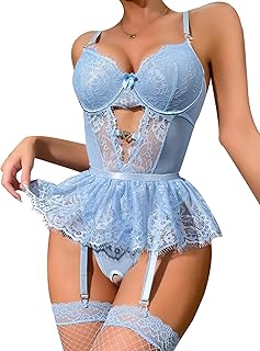Aranmei Womens Sexy Bodysuit with Lace Mini Skirt Babydoll Lingerie Set Teddy Bodysuit With Mesh Stocking for Club Valentine