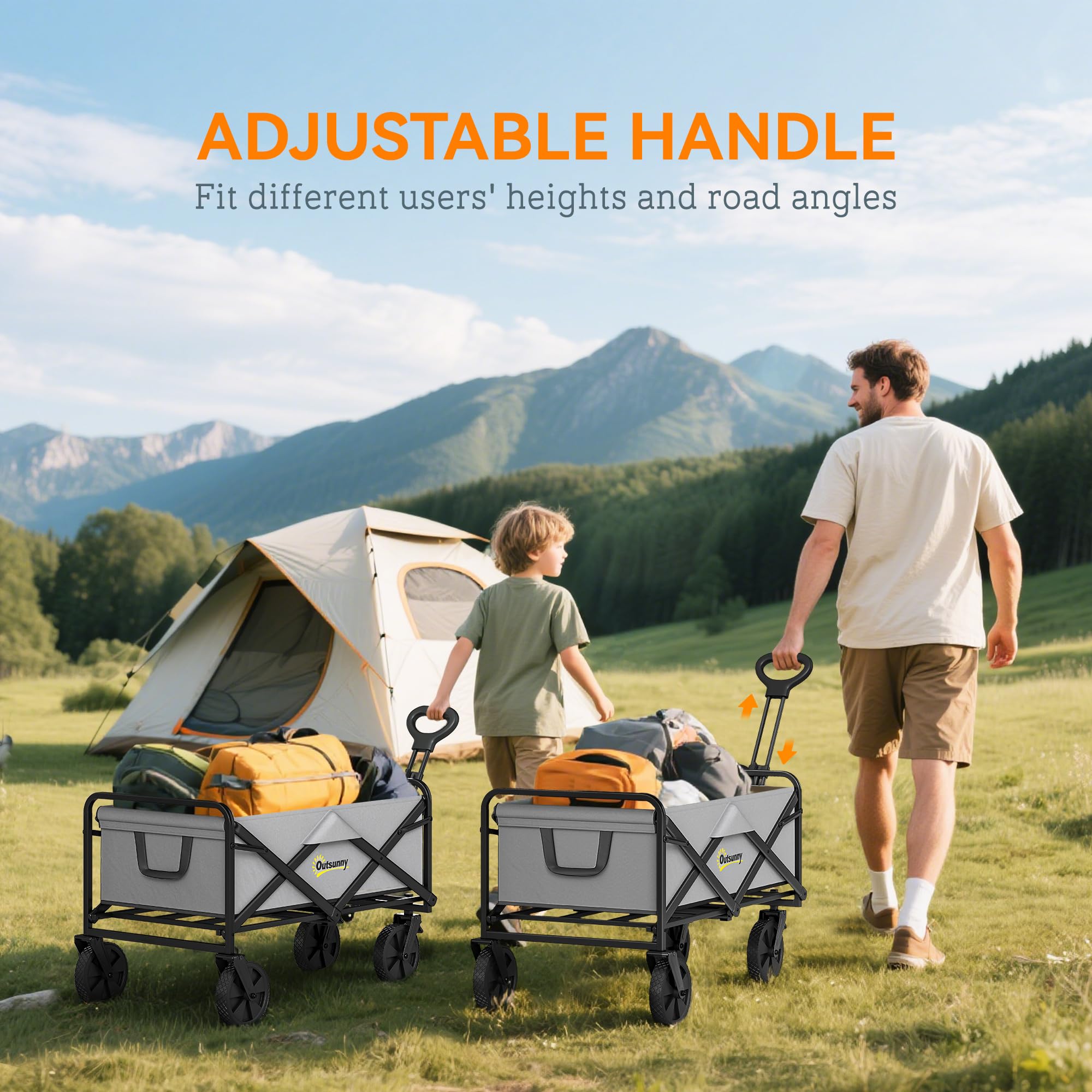 Outsunny Chariot de Camping Pliable à roulettes avec poignée réglable, Portable pour extérieur, Jardin, Shopping, pêche, 90 l, Gris foncé
