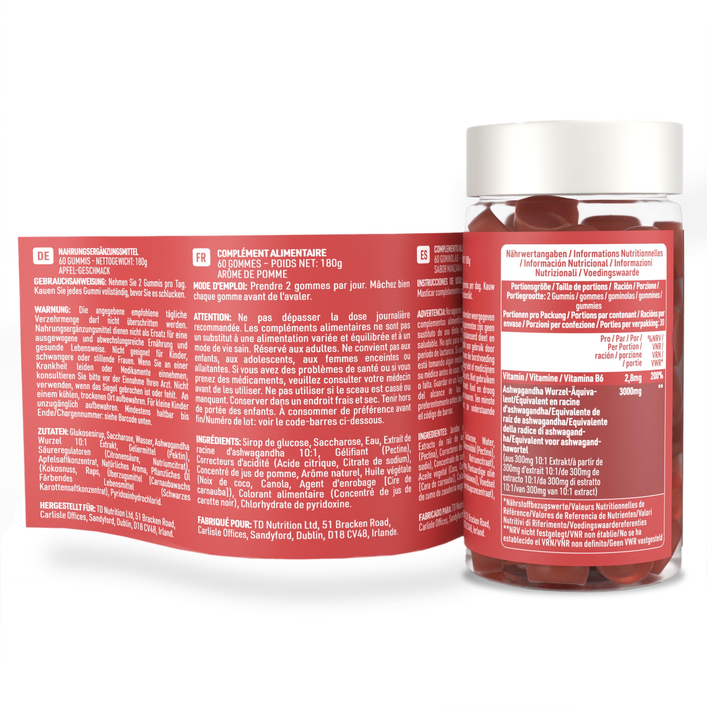 Ashwagandha Gommose 1500mg - Integratore di Radice di Ashwagandha ad Alta Potenza con Vitamina B6 - Gusto Naturale di Mela - 60 Gommose