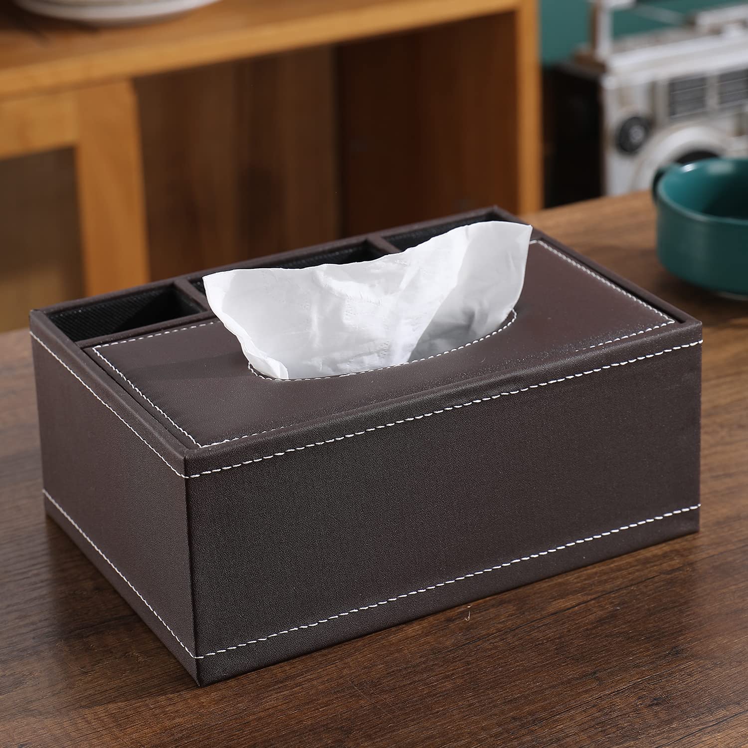 HOKIPO Faux Leather Tissue Storage Box with Compartment Remote Control Holder Desk Organizer, Brown (AR-4086-D4) 3