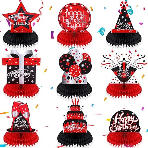 Leyndo 9 piezas de decoración de mesa rojo y negro, centros de mesa de nido de abeja, decoraciones de mesa de cumpleaños, centros de mesa rojo y