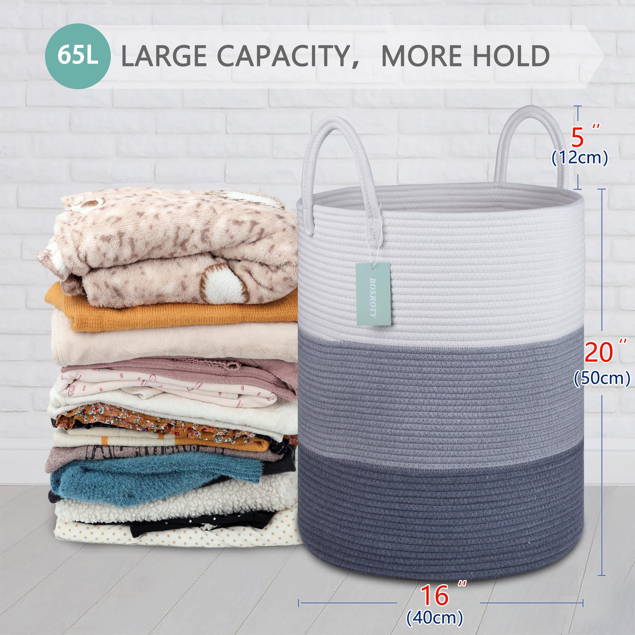 BOSROTY Large Laundry Hamper Basket for Girls Boys Kids 65L, Tall Nursery Hamper with Handles, Woven Blanket Basket for Storage Toys Clothes Towels, 16”x 20”, White & Gray