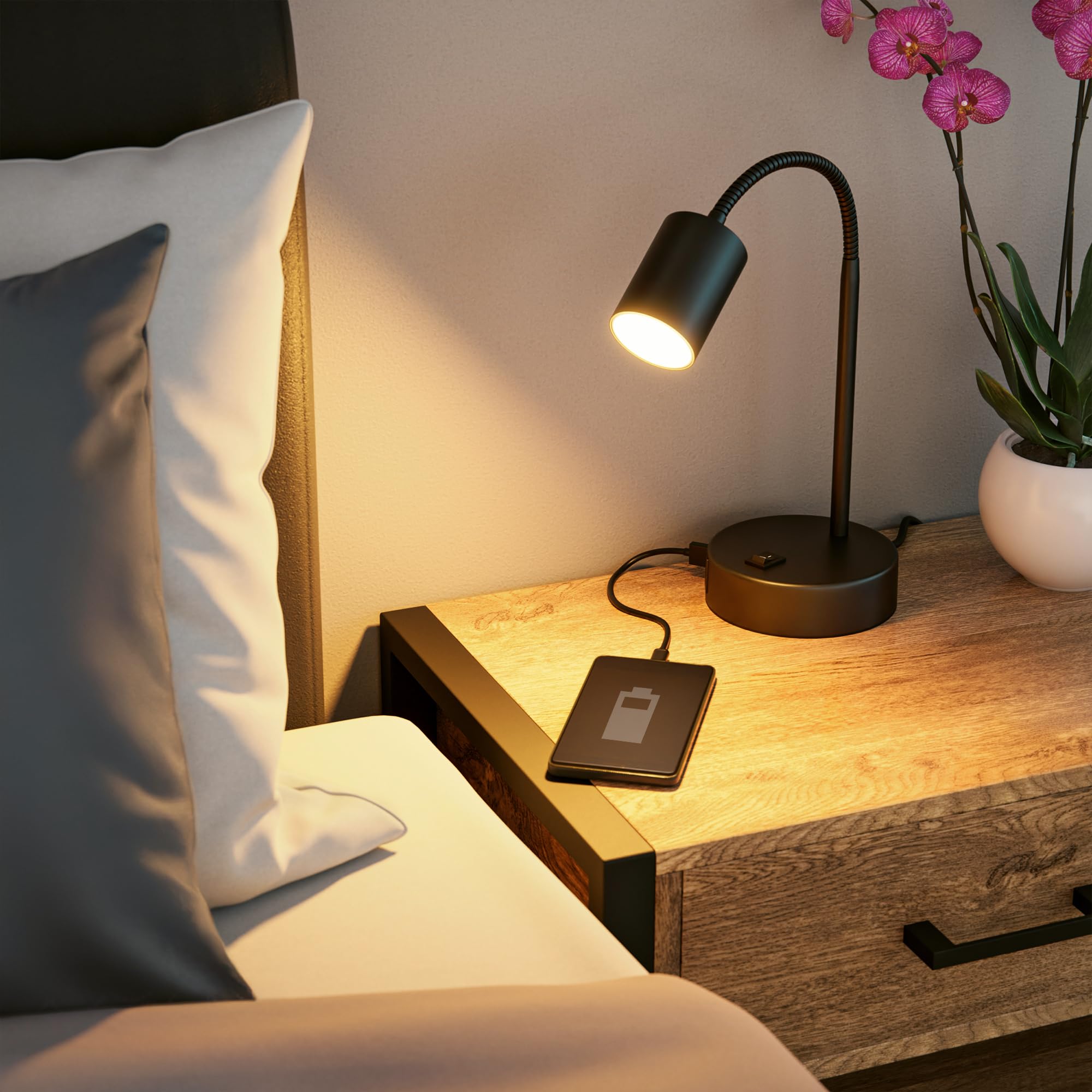 ledscom.de 2x Tischlampe WAIKA, Schwanenhals, Schalter, rund, schwarz, USB-A, USB-C, 1x GU10 max. 15W