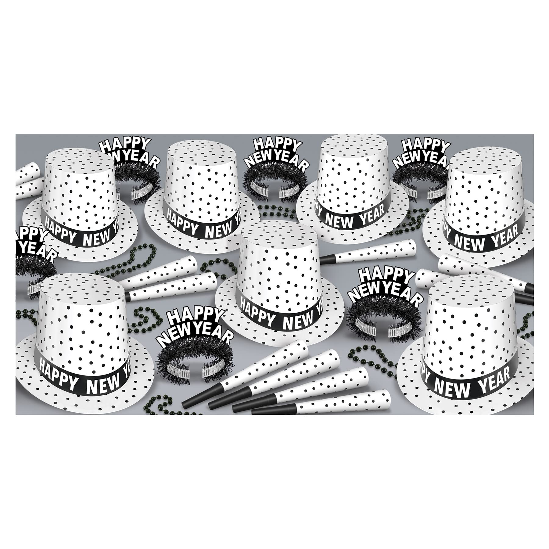 Beistle 80372-50 - Surtido de esmoquin para Nochevieja para 50 personas, suministros de fiesta, sombreros, tiaras, cuernos, cuentas, papel de plástico, negro/blanco