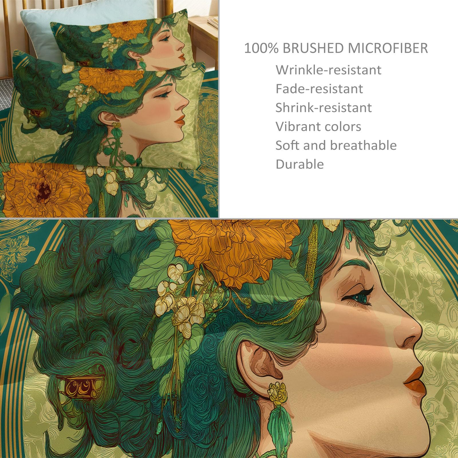 Generico Zestaw pościeli z poszewką na kołdrę i 2 poszewkami na poduszki 50 x 80 cm pojedynczy zielony 150 x 220 cm, luksusowa miękka mikrofibra z nadrukiem - etniczne plemię kobiety sylwetka