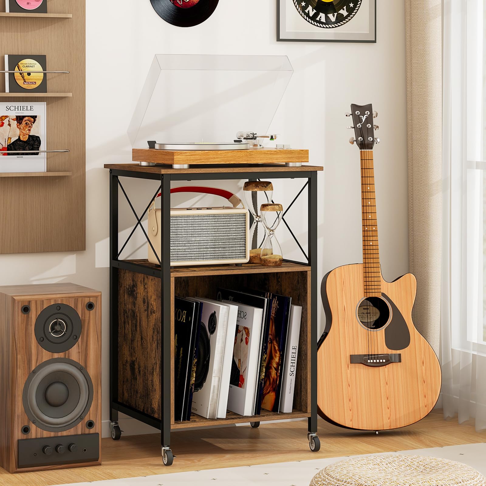 KOMFOTTEU Meuble Platine Vinyle avec Station de Charge, Support de Tourne-Disque avec Séparateurs Amovibles, Meuble Tourne-Disque, Cadre en Métal, 50 x 45 x 82 cm, Style Industriel