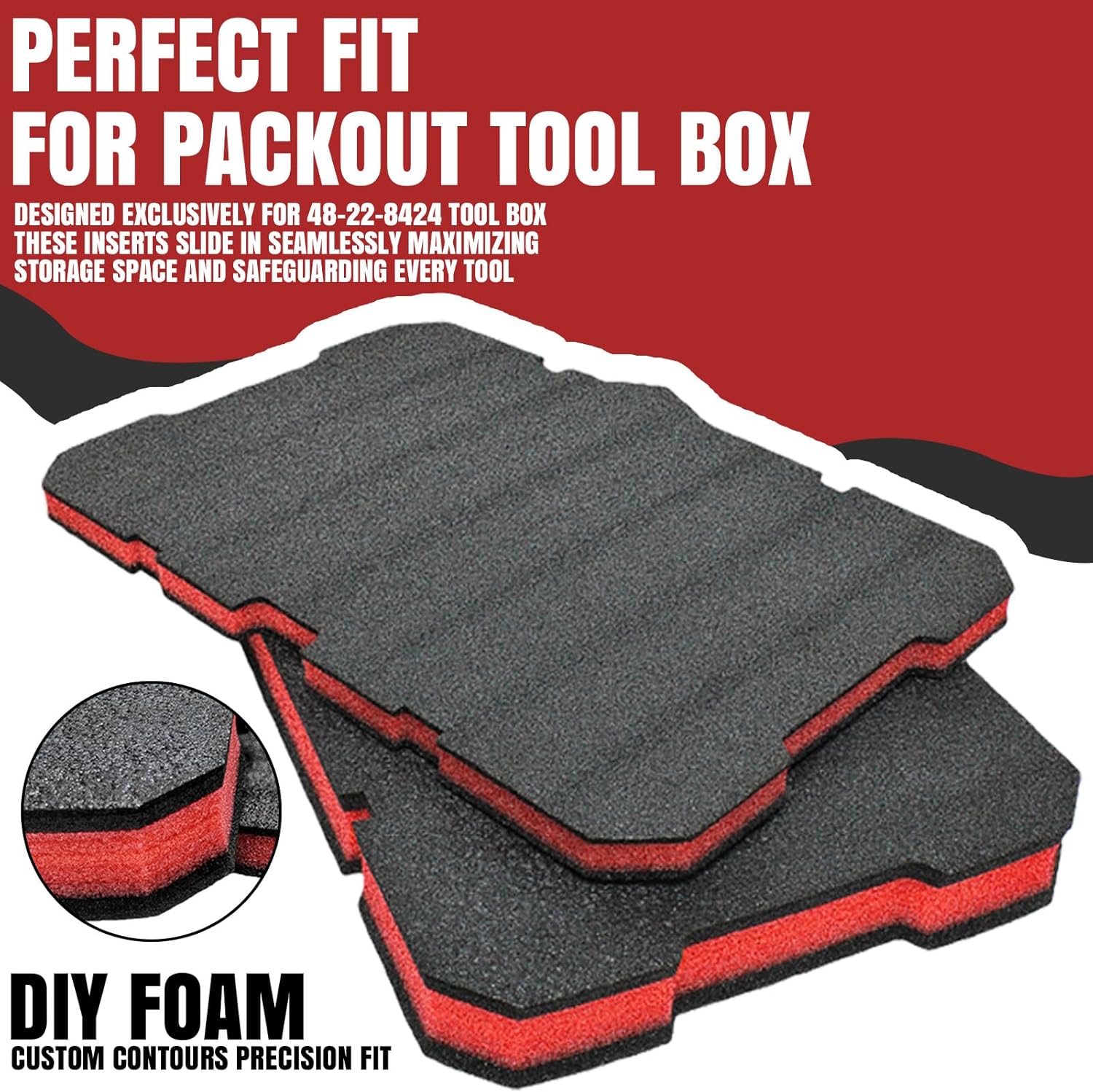 48-22-8424 Foam Insert Tool Organizer for Milwau-ke Packout Cases, Customizable Red/Black Shockproof Foam for Tool Protection (2-Pack)