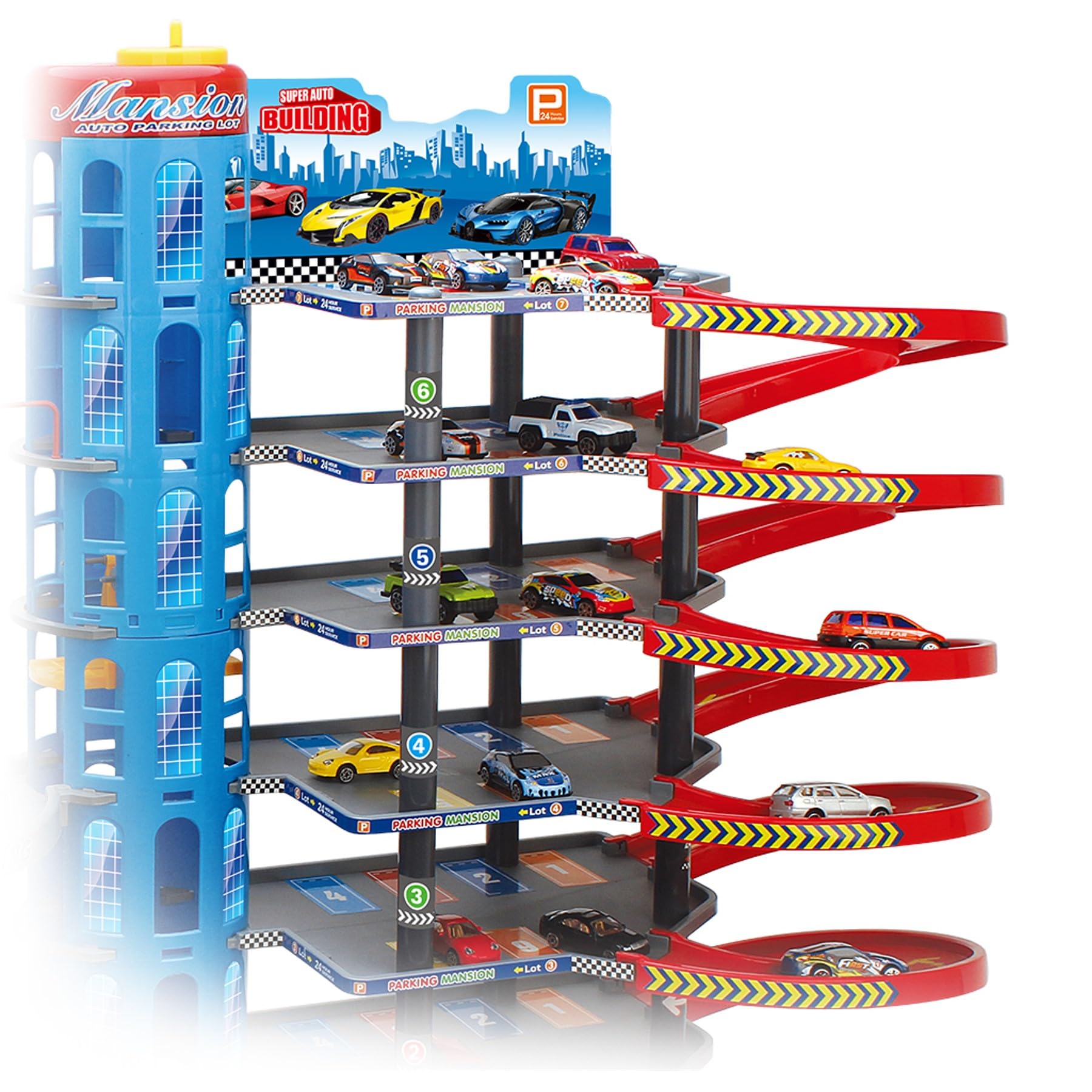 Parktower - Set da gioco con 9 livelli, con 6 auto in metallo ed elicottero, parcheggio con ascensore, stazione di servizio, officina e autolavaggio, grande giocattolo per bambini