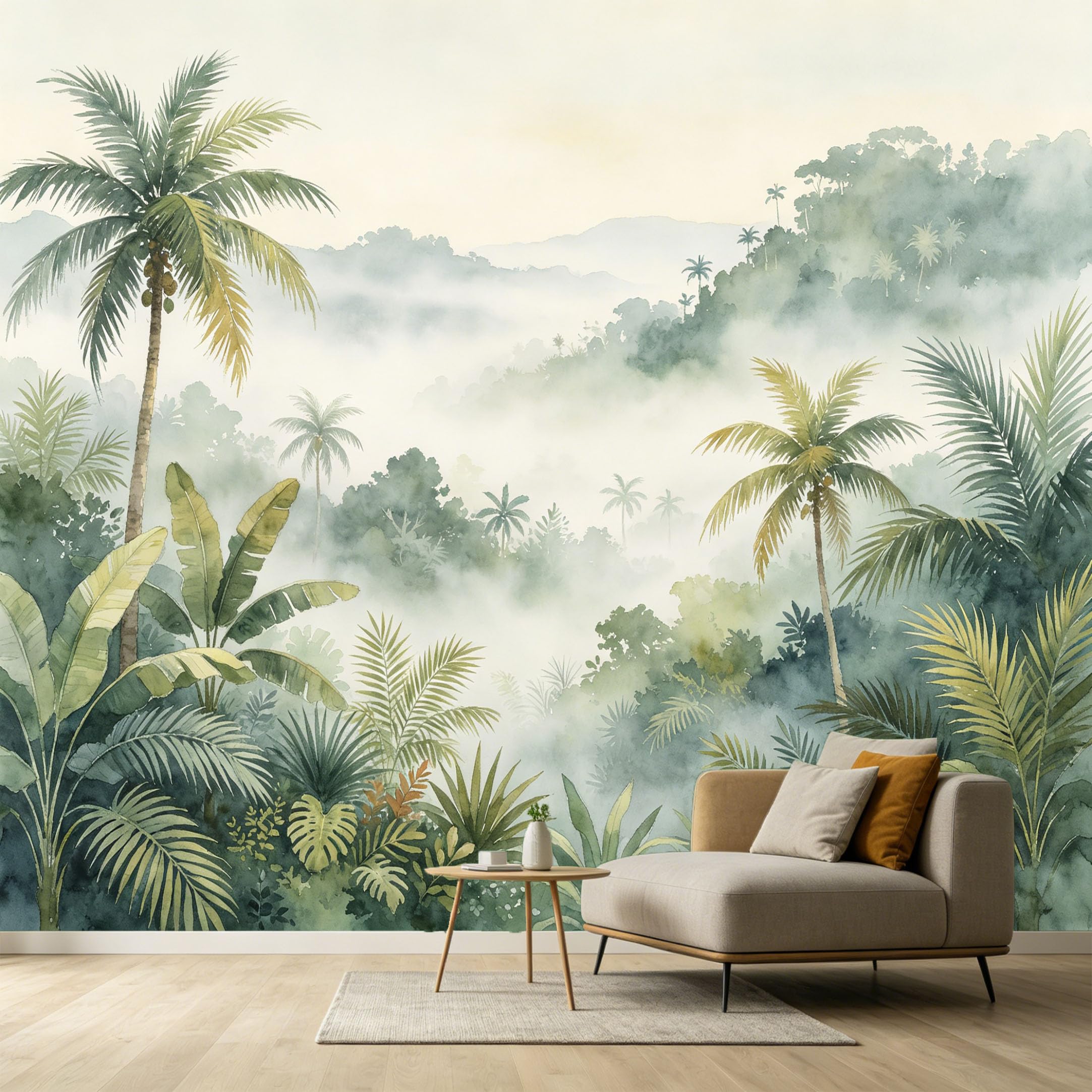 Custom Size Wall Murals Tropical Jungle Misty Mountains Watercolor Botanical Palm Trees SelfAdhesive Wall Fabric Removable Large Wallpaper for Photo Living Room