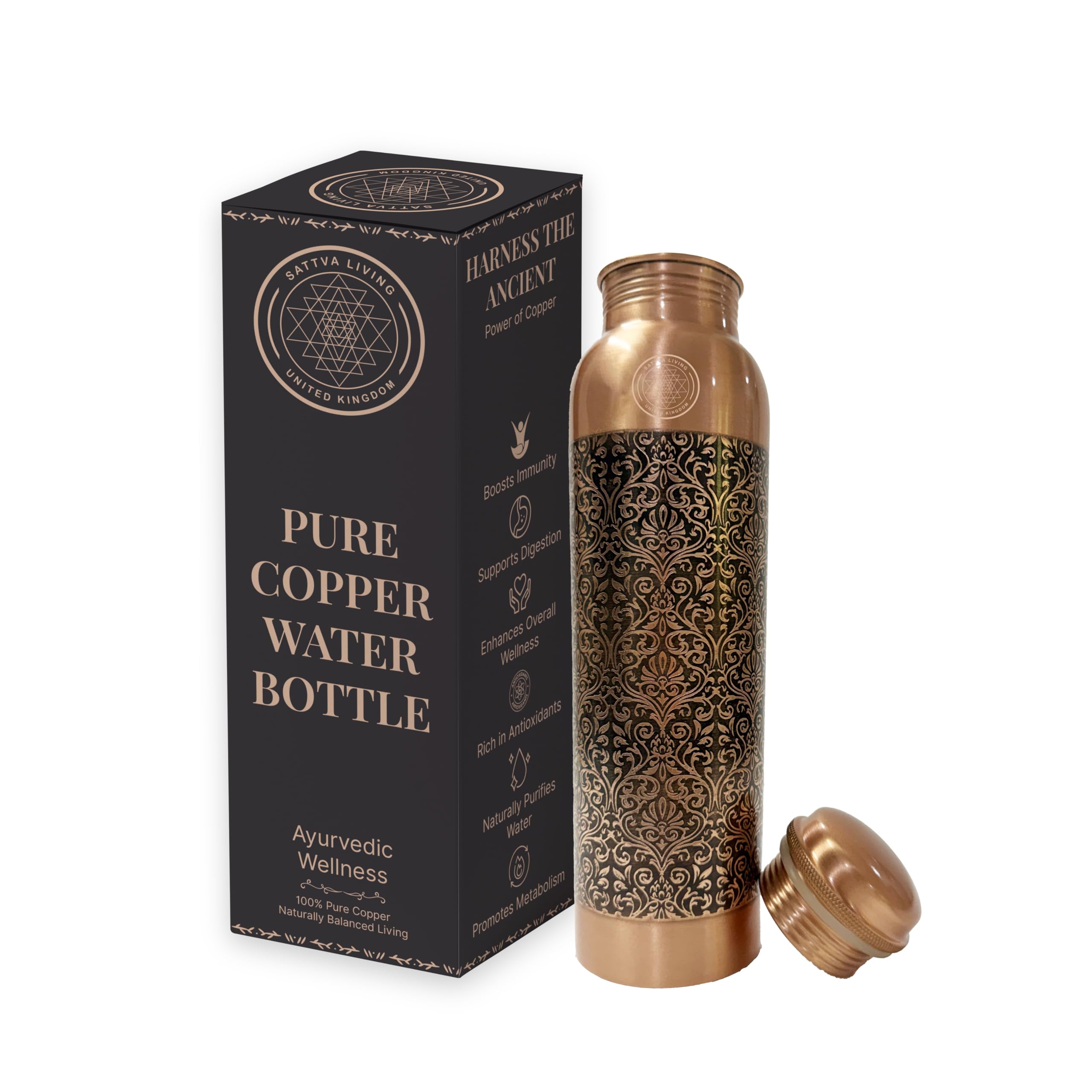 Sattva Living Royal Filigree Pure Copper Water Bottle | 100% Genuine Copper | Ornate Engraved Design | Leak-Proof Screw Cap | Ayurvedic Wellness | 1 Litre