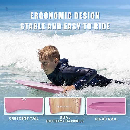 Miniatura 9 de CONTOUR SURF Reed Body Board - Tabla de cuerpo de 33 pulgadas para playa, niños, ligera, núcleo EPS de doble canal, doble canal, correa de muñeca