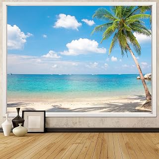 Leeisysme Beach Landscape Tapestry, Tropic Ocean Sea Island Palm Tree Seaside Tapestries for Living Room Summer Window Wall Hanging 60×80 Inch