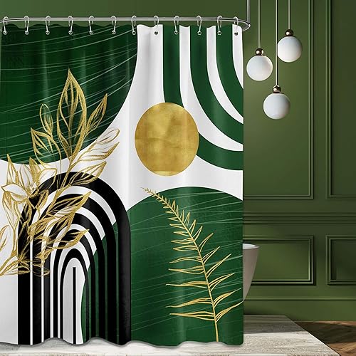 Cortina de ducha de color verde oliva y dorado, estilo bohemio de mediados de siglo, moderna cortina de ducha verde cazador para juegos de