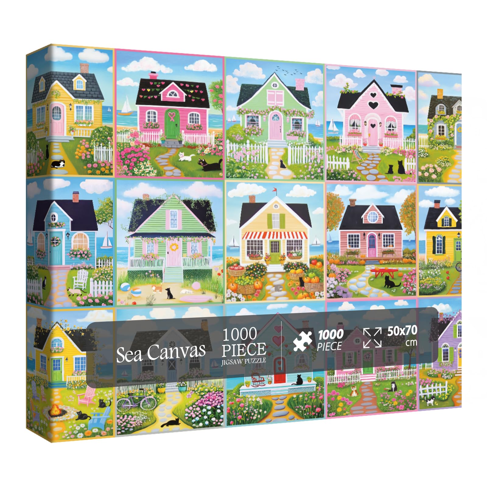 Summer Sea Jigsaw Puzzle 1000 Piece for Adult Nature Canvas, Beach Colorful House Landscape Art Jigsaw Puzzles, Pretty Ocean Scenic Garden Flower Collage Puzzles