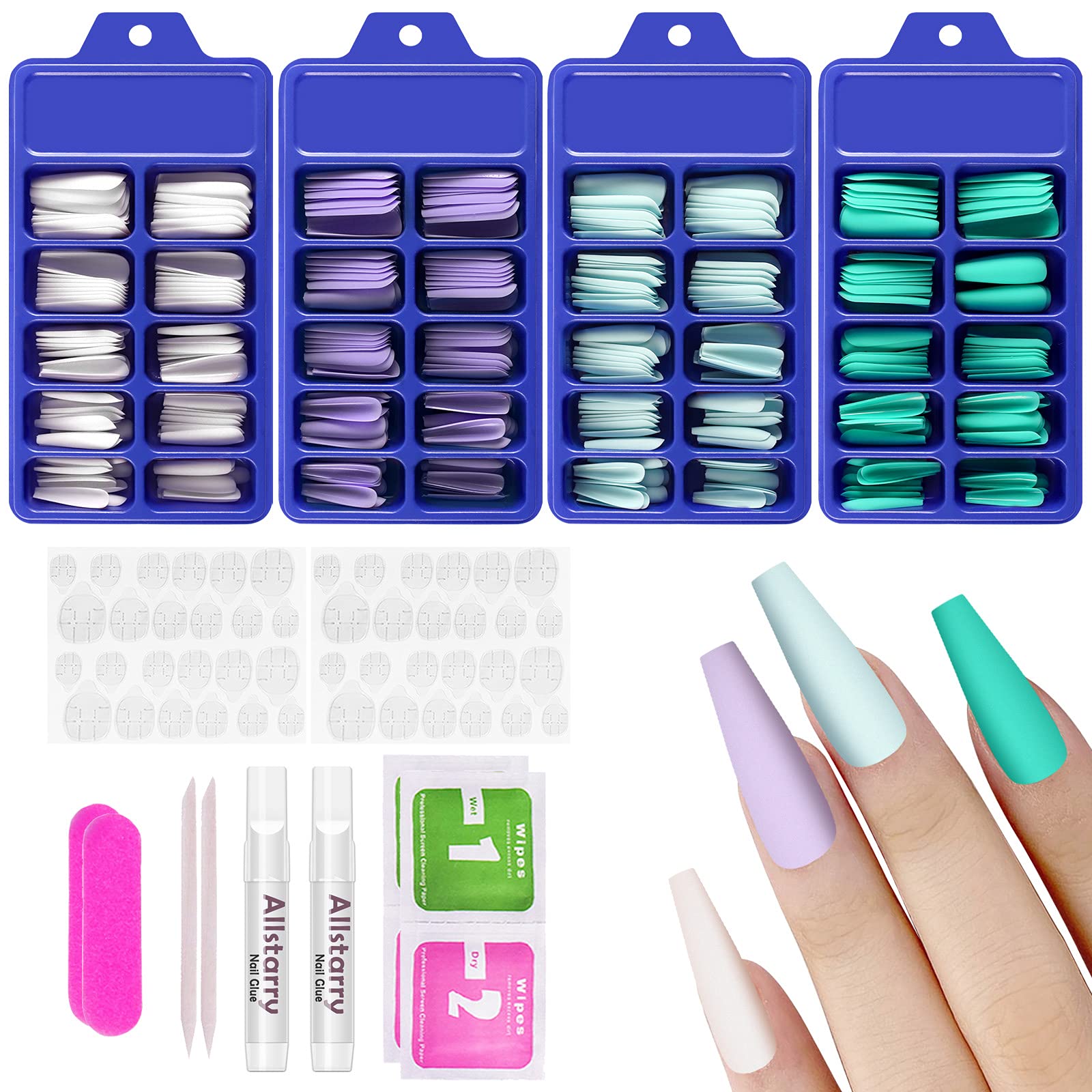 Allstarry 400pcs Matte Press on Nails Acrylic Artificial Nails Extra Long Ballerina Coffin Fake Nails Cyan Violet Full Cover Colorful Nails with Box Nail Accessories for Women Girl