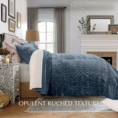 Miniatura 3 de EVERGRACE Juego de edredón de terciopelo fruncido de lujo, tamaño King, ultra suave, edredón de terciopelo ligero, funda de cama acolchada con 2