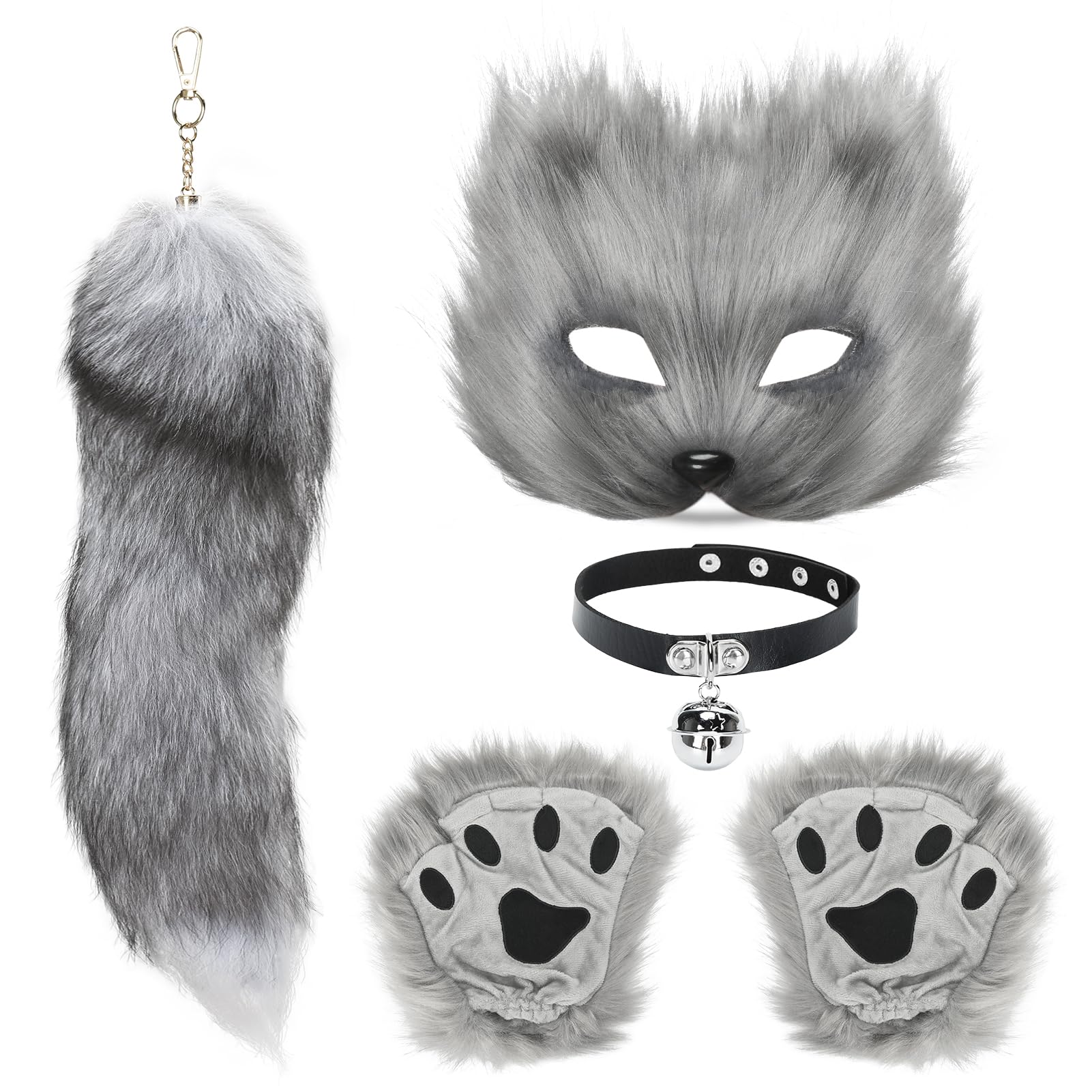 ZONGHUN Therian Mask and Tail Set Cat Mask for Girls Halloween Furry Fox Wolf Tail Cat Costume Leather Choker Faux Fur Cosplay Party (Grey)