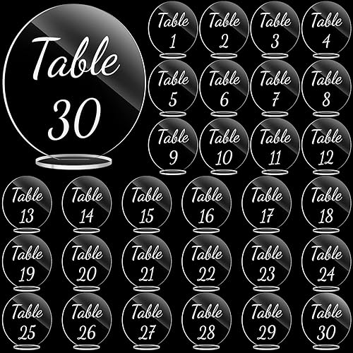 Sintuff 30 números de mesa acrílicos para boda, números de mesa transparentes con soportes para recepción de boda, letreros de boda de 4.72