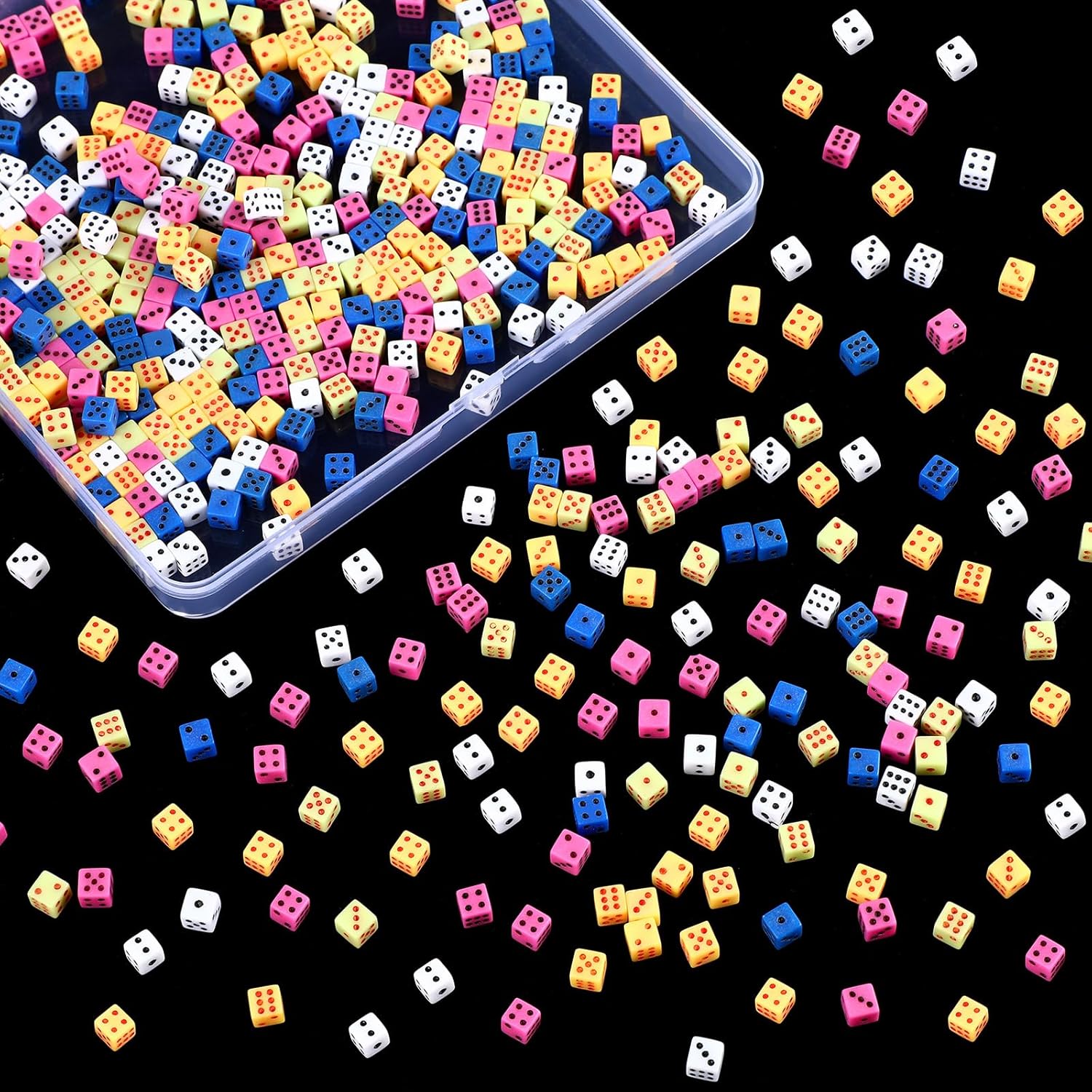 Poen 500 Pieces Mini Dice with Portable Plastic Box Casino Game 6 Sided Small Dice, 5mm Bulk Tiny Colored for Casino Night Parties Board Games Early Elementary Math Learning(Multicolored 1)