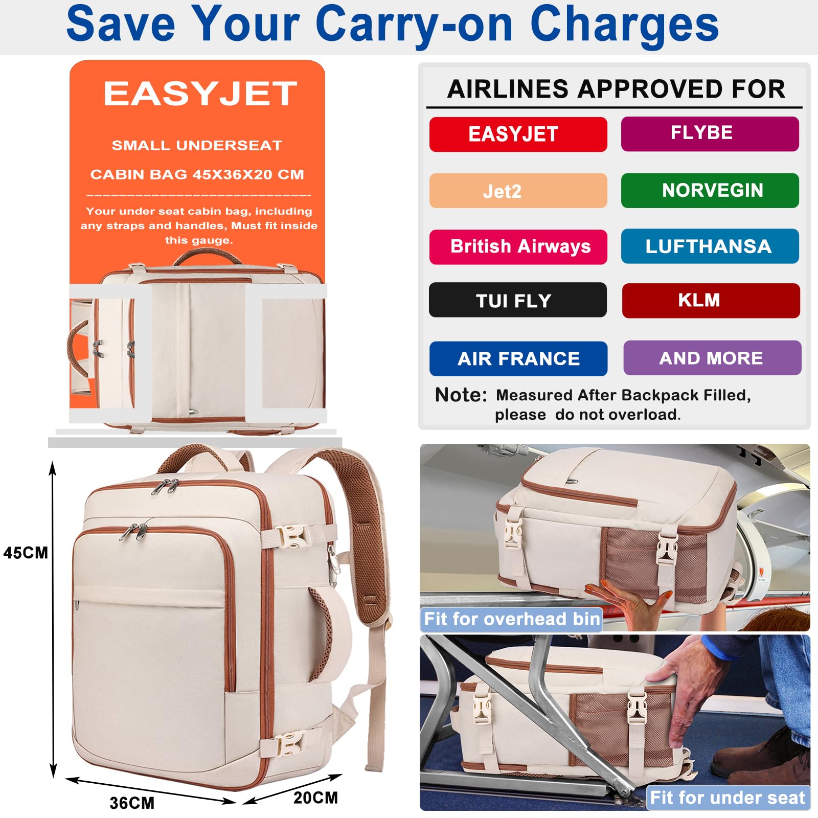 ENZOSUM Zaino Easyjet 45x36x20,Bagaglio a Mano easyjet 45x36x20 Zaino da Viaggio per Donna 30L Borsa da Cabina per Voli Porta PC 15.6 Pollici per Scuola Lavoro Trekking Beige