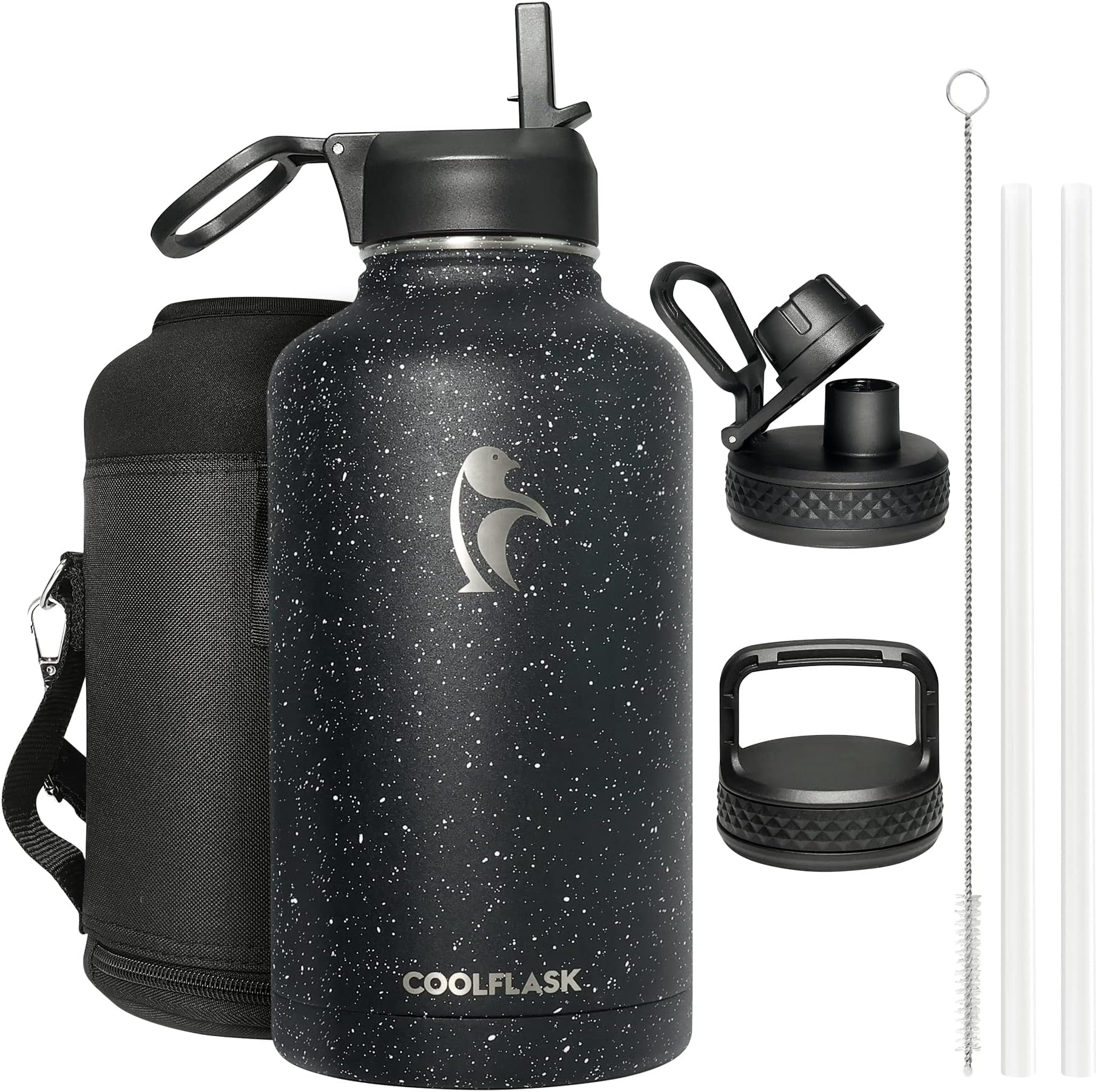 Coolflask 64 oz Insulated Water Bottle with Straw&3 Lids, Half Gallon Insulated Water Jug Galaxy Large Metal Stainless Steel Flask for Gym, Sports and Office, Keep Cold 48H Hot 24H, Starry Night