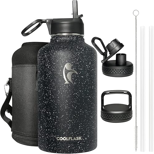 Miniatura 70 de Coolflask - Botella de agua de 64 onzas, aislada, con popote y 3 tapas, con diseño Galaxy, de acero inoxidable al vacío, mantiene las bebidas frías