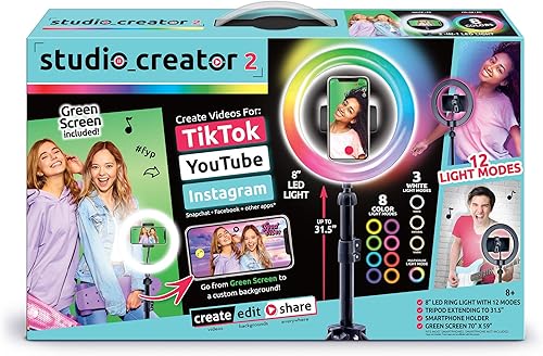 Miniatura 30 de Canal Toys Studio Creator 360 - Kit de creación de video, pantalla verde y trípode, rastreador de cara y movimiento, anillo de luz de 10 pulgadas
