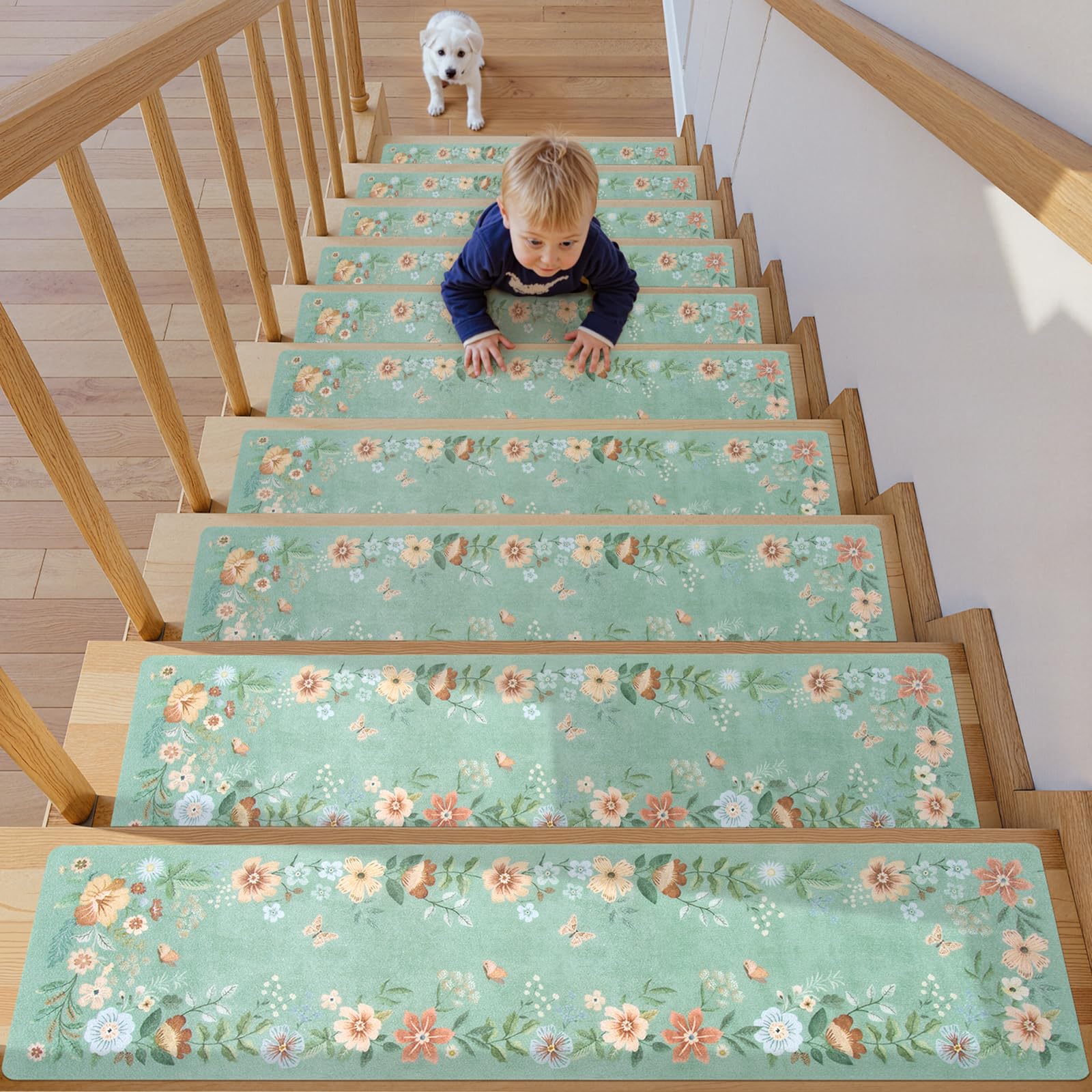 Beeiva Floral Non Slip Stair Treads Indoor 8x30, 15 Pack Pre-Cut Stair Treads for Wooden Steps, Ultra Thin Vinyl Stread for Kids, Elderly, Dogs - Green