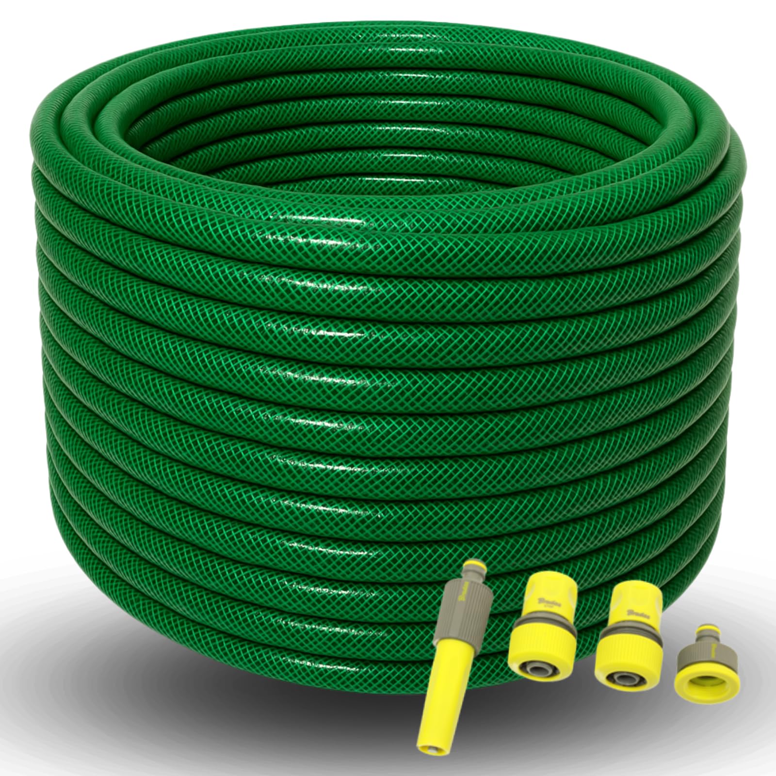 Gartenschlauch 3/4 Zoll 20m 30m 50m – grün oder gelb – optional mit Adapter Set – flexibel UV-beständig knickfest für Garten, Bewässerung, Auto, Haushalt (Grün, 50m mit Adapter)